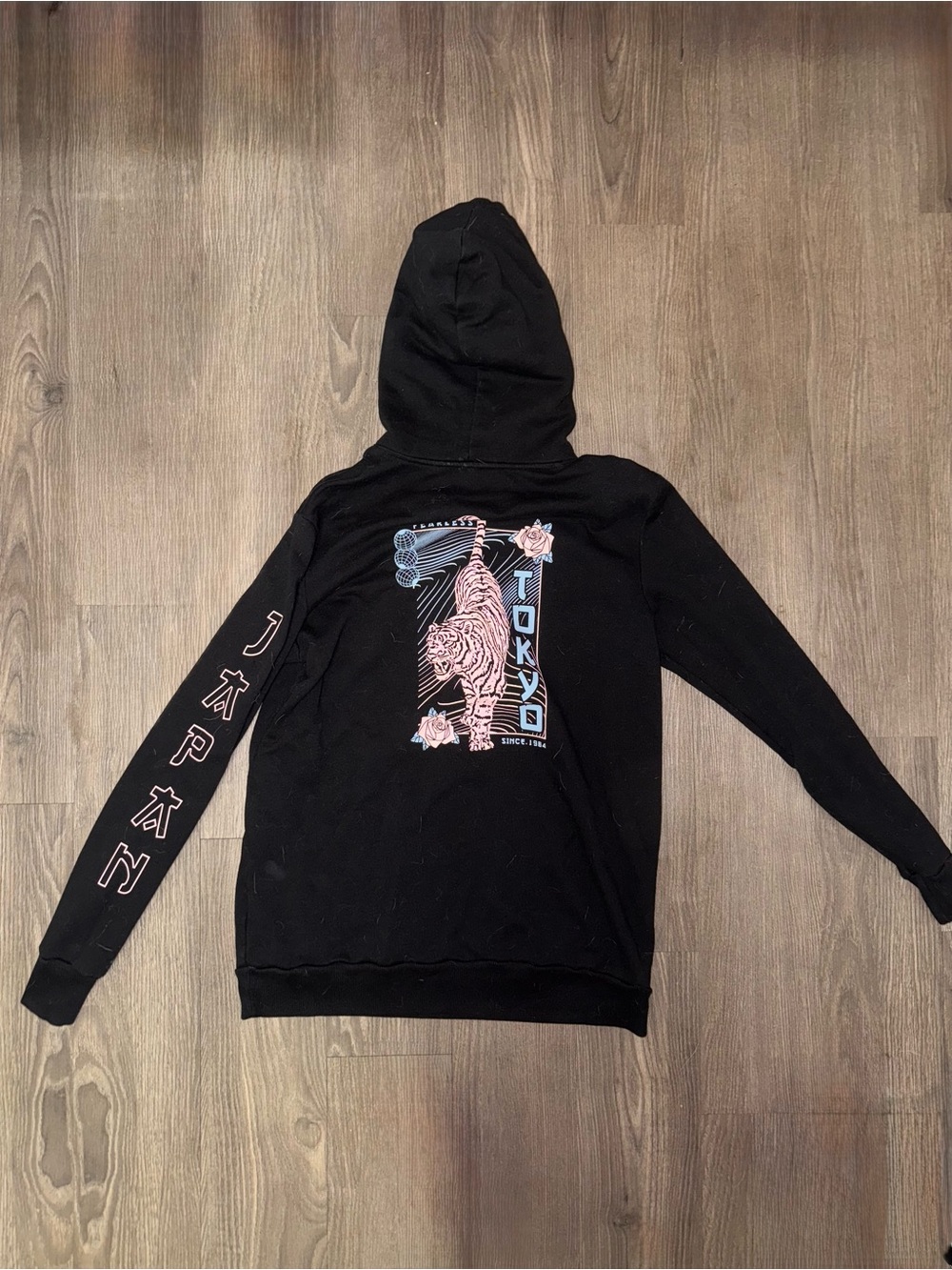 No Boundaries Black Hoodie with Pink Tiger and Teal Tokyo Graphic
